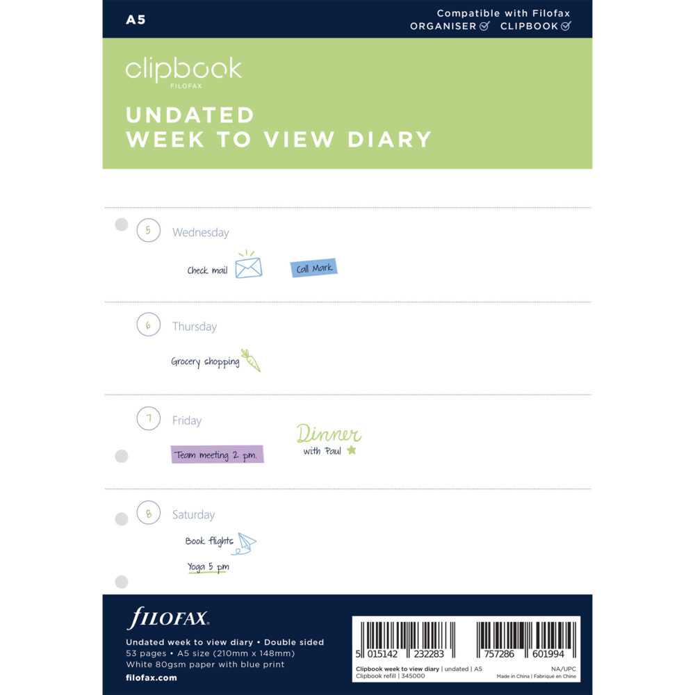 Filofax, Kalendář pro Clipbook, týden/2 strany, nedatovaný, A5, bílá - Obrázek 2